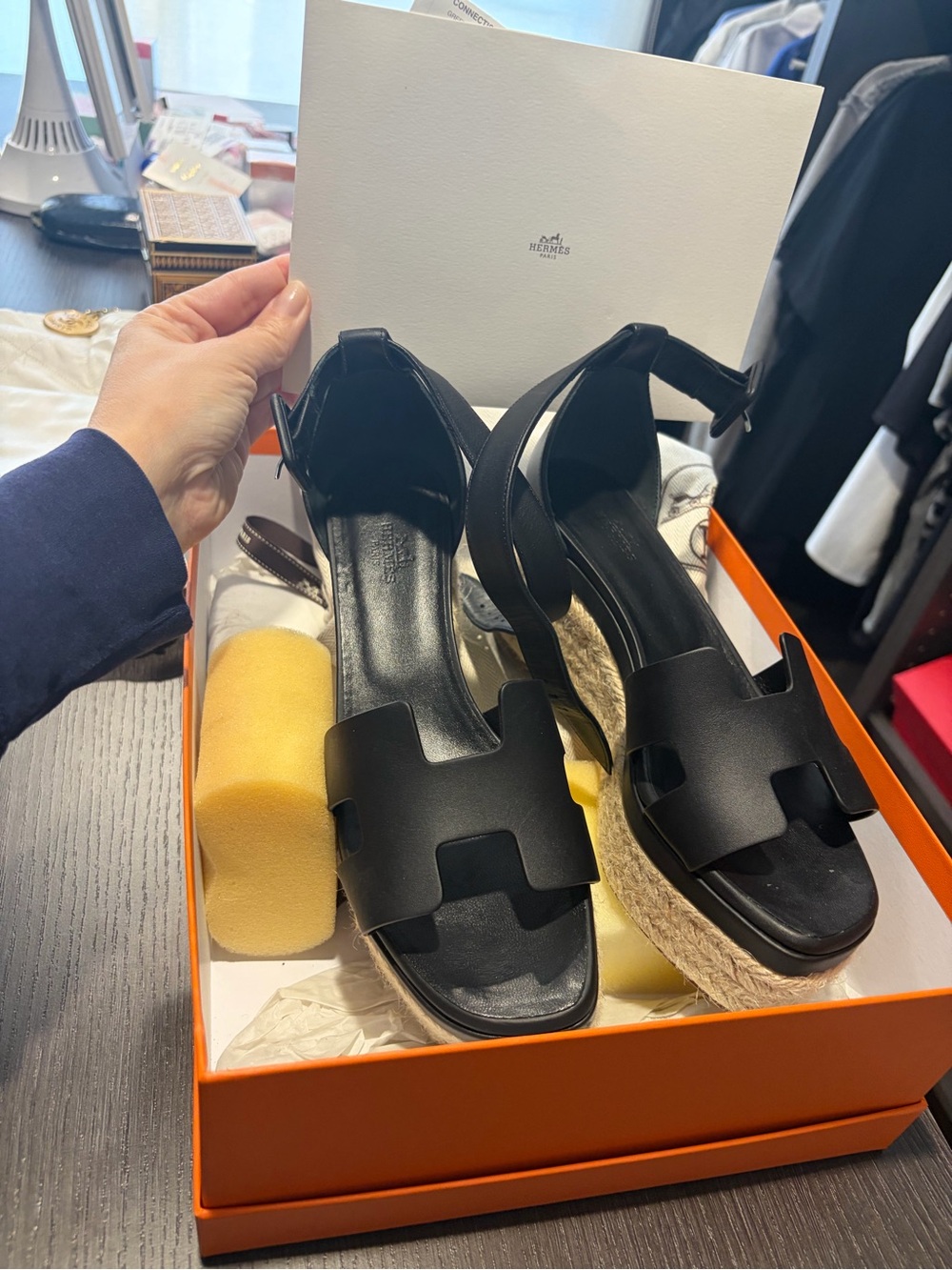 Hermes Black Leather Wedge Espadrille Sandals